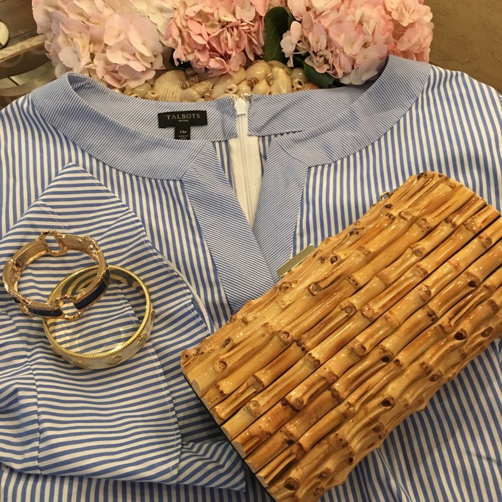 Talbots Blue & White Bell Sleeve Dress 14 Petite